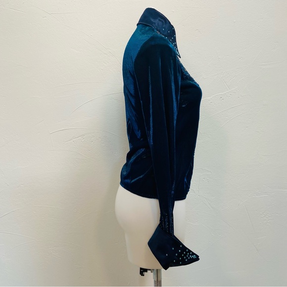 VINTAGE RODS METALLIC BLUE BEDAZZLED SHINY HORSE SHOW PERFORMANCE WESTERN TOP - Picture 7 of 16